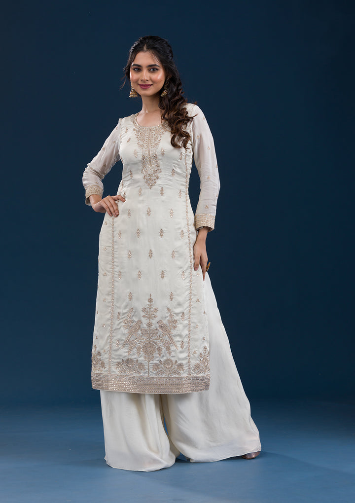 Off White Zariwork Semi Crepe Readymade Salwar Suit