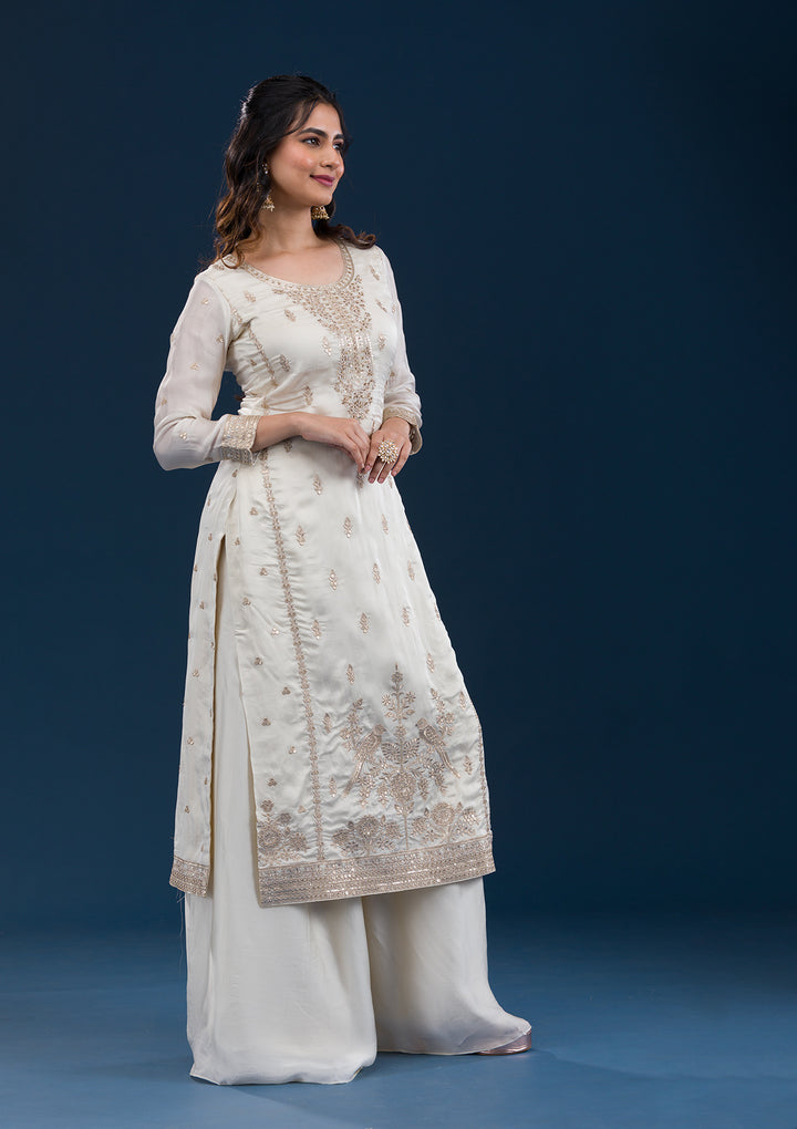 Off White Zariwork Semi Crepe Readymade Salwar Suit