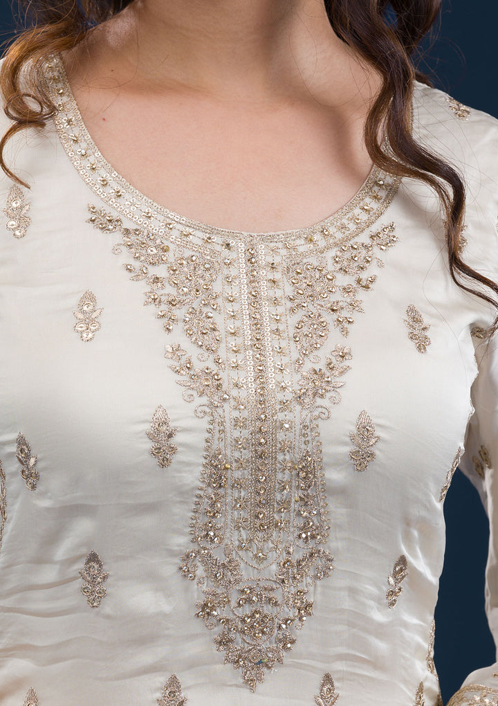 Off White Zariwork Semi Crepe Readymade Salwar Suit