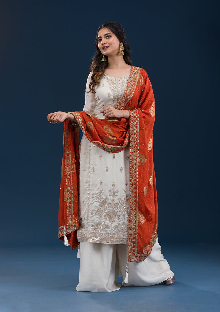 Off White Zariwork Semi Crepe Readymade Salwar Suit
