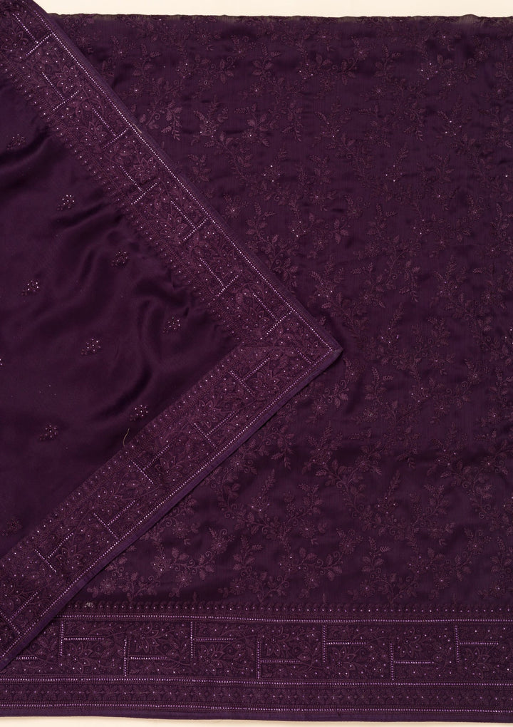 Purple Swarovski Semi Crepe Unstitched Salwar Suit-Koskii