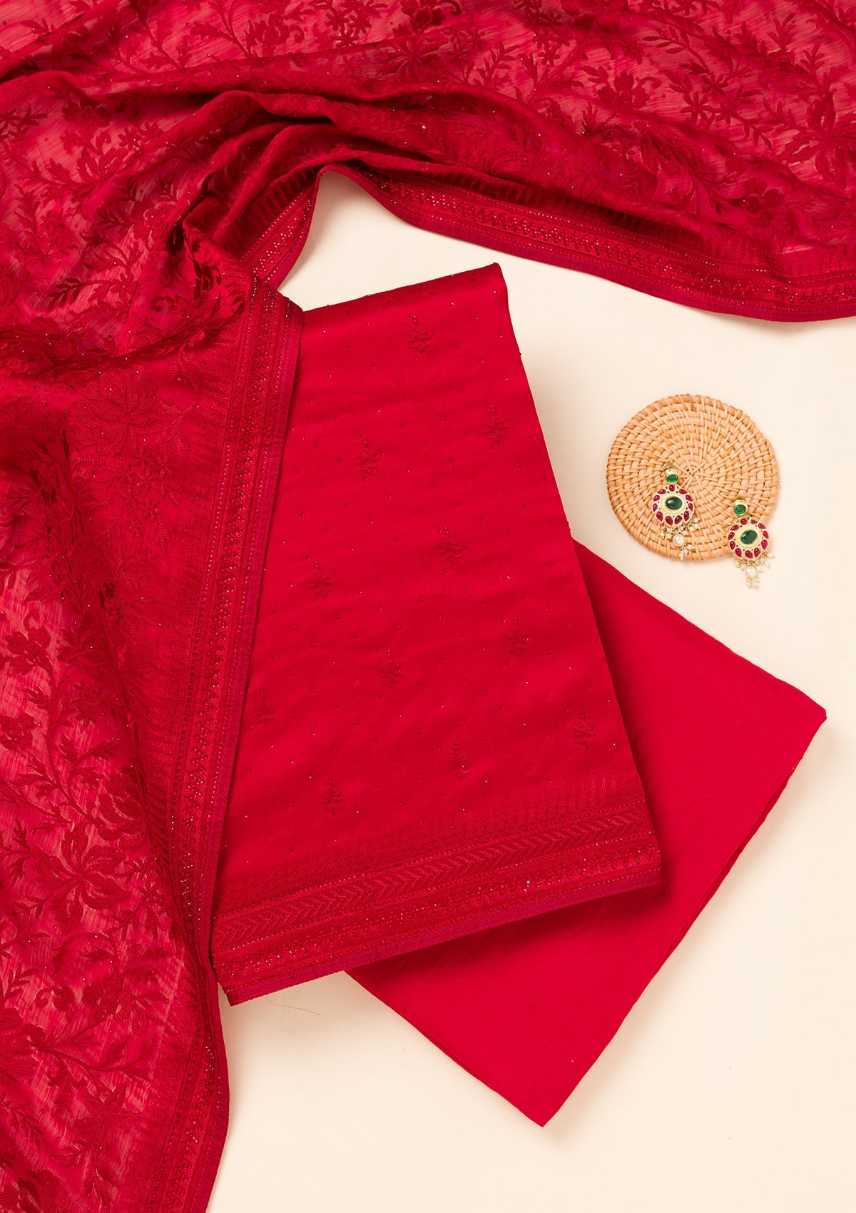 Maroon Swarovski Semi Crepe Unstitched Salwar Suit-Koskii