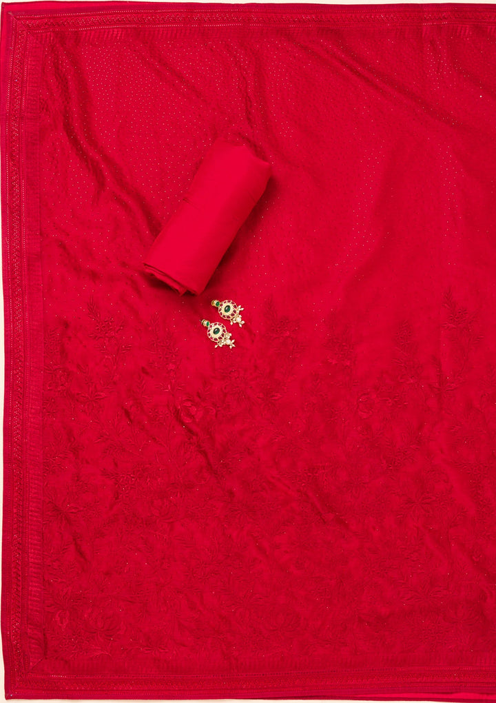 Maroon Swarovski Semi Crepe Unstitched Salwar Suit-Koskii