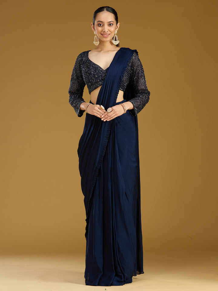 Navy Blue Cutdana Satin Readymade Saree