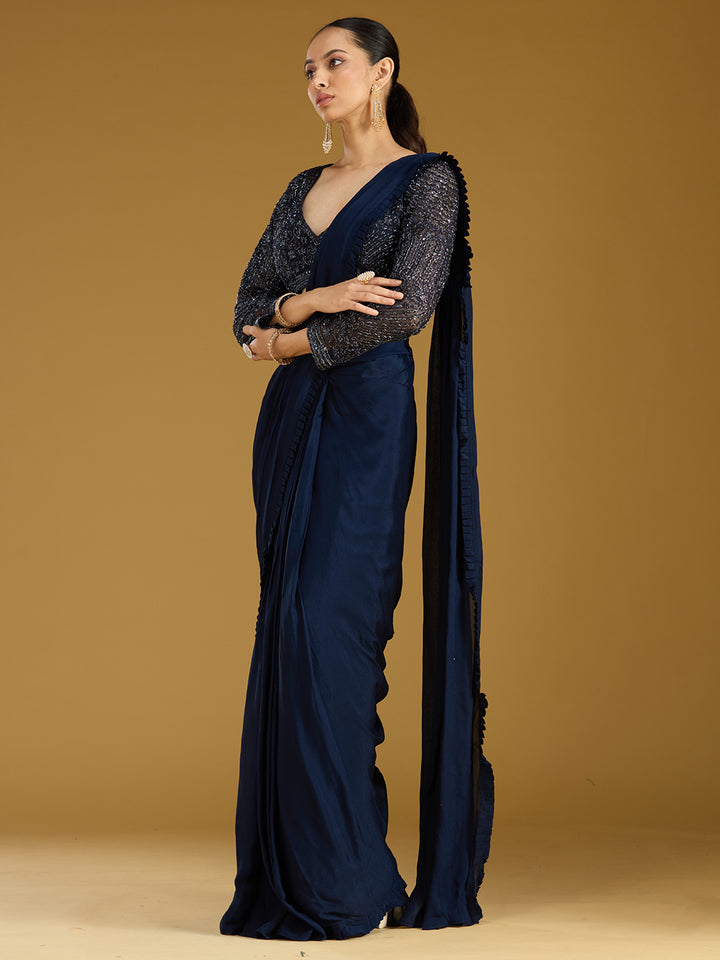 Navy Blue Cutdana Satin Readymade Saree