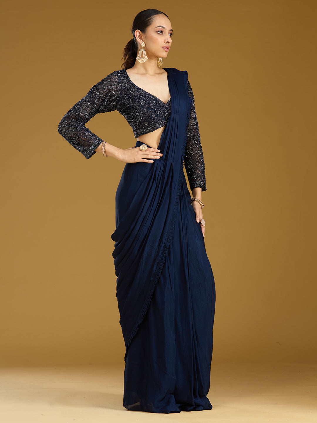 Navy Blue Cutdana Satin Readymade Saree