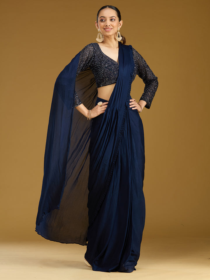 Navy Blue Cutdana Satin Readymade Saree