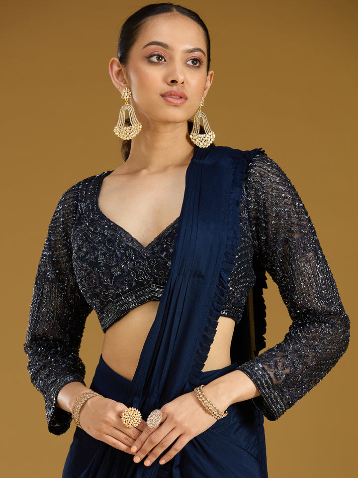 Navy Blue Cutdana Satin Readymade Saree