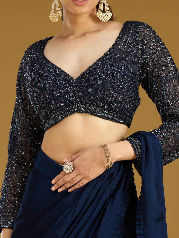 Navy Blue Cutdana Satin Readymade Saree
