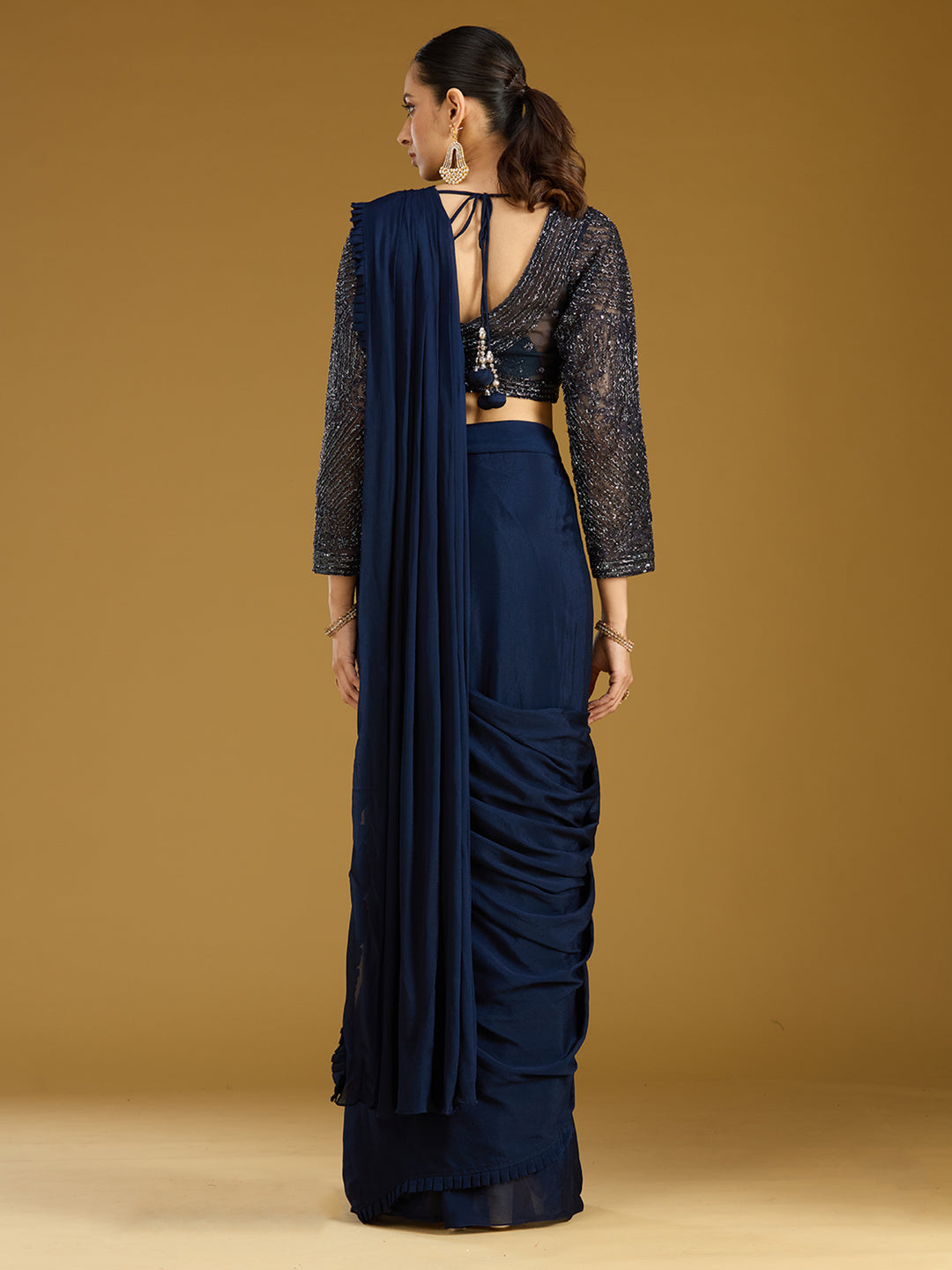 Navy Blue Cutdana Satin Readymade Saree