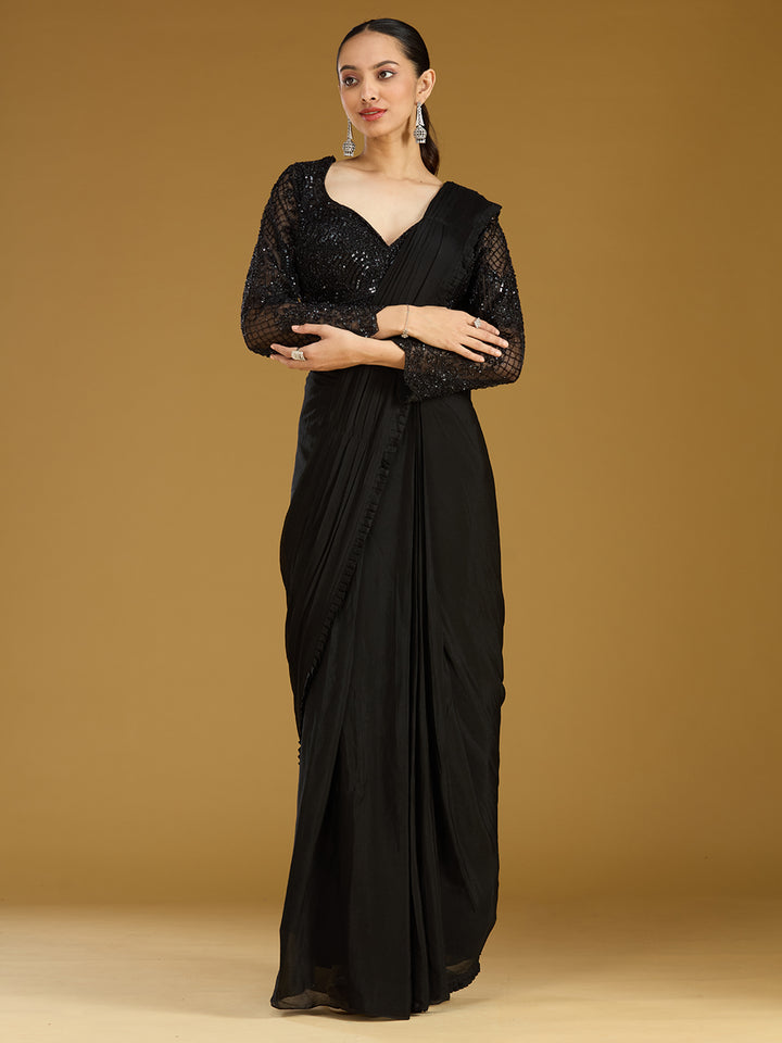 Black Cutdana Satin Readymade Saree