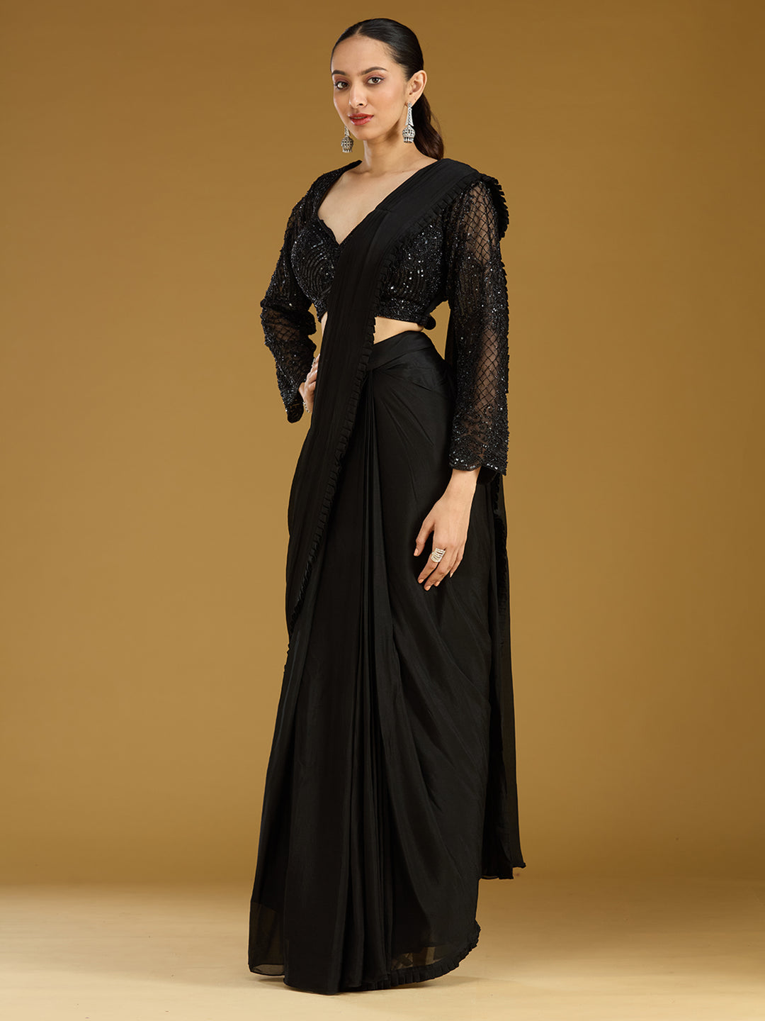 Black Cutdana Satin Readymade Saree