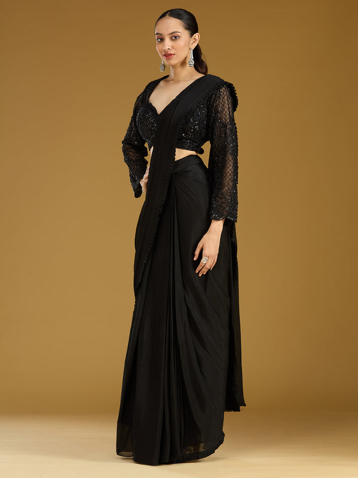Black Cutdana Satin Readymade Saree
