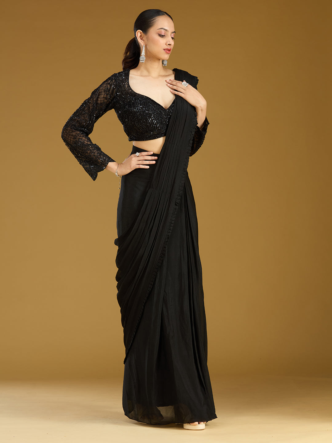 Black Cutdana Satin Readymade Saree