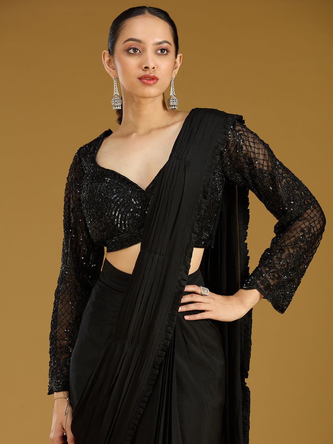 Black Cutdana Satin Readymade Saree