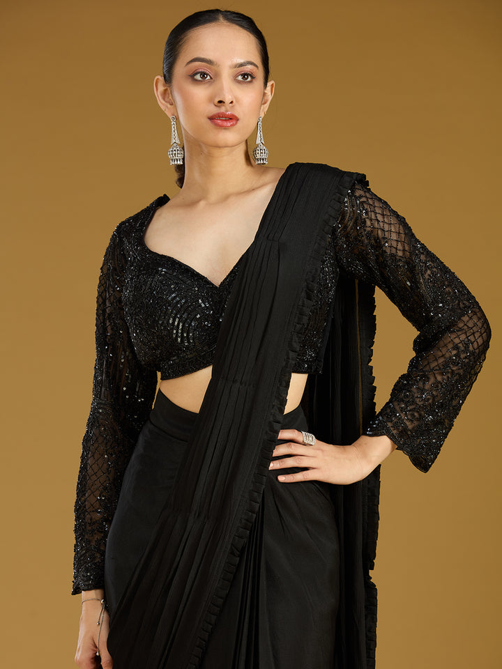 Black Cutdana Satin Readymade Saree