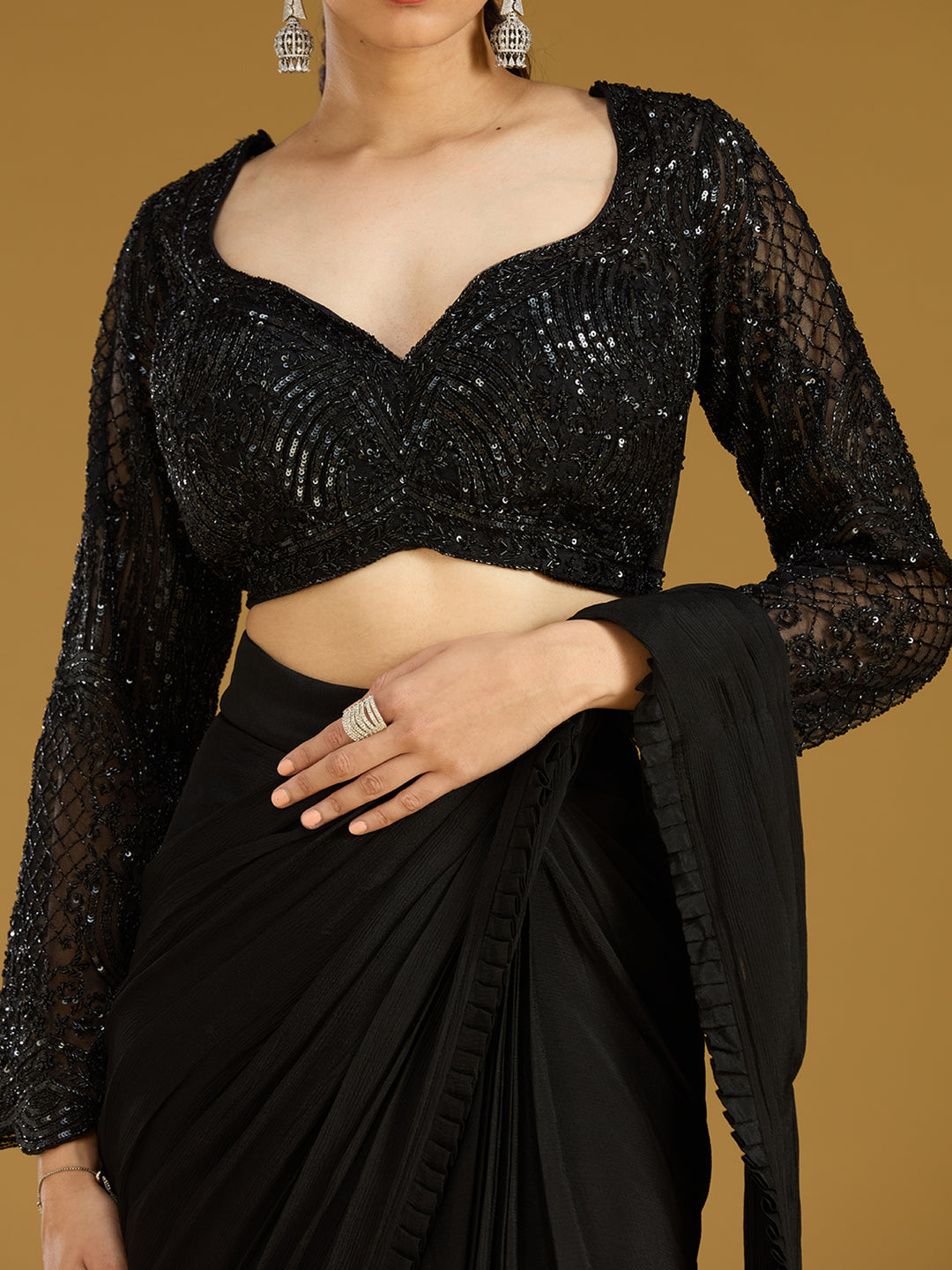 Black Cutdana Satin Readymade Saree