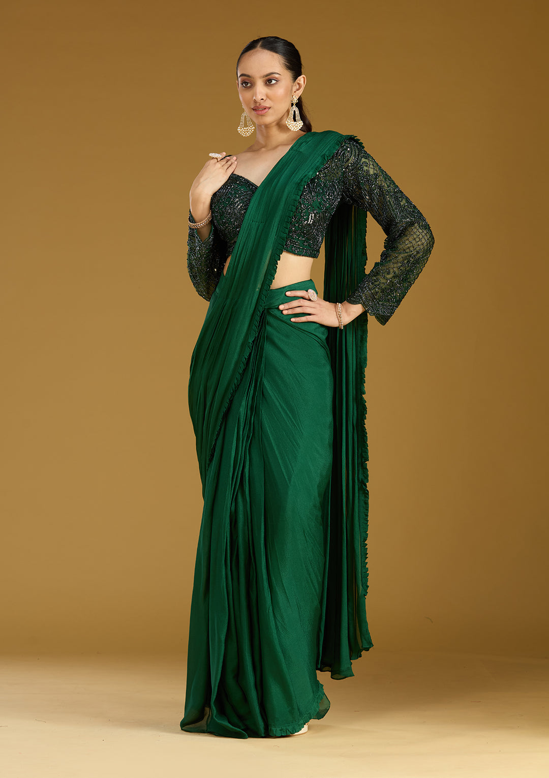 Green Cutdana Satin Readymade Saree