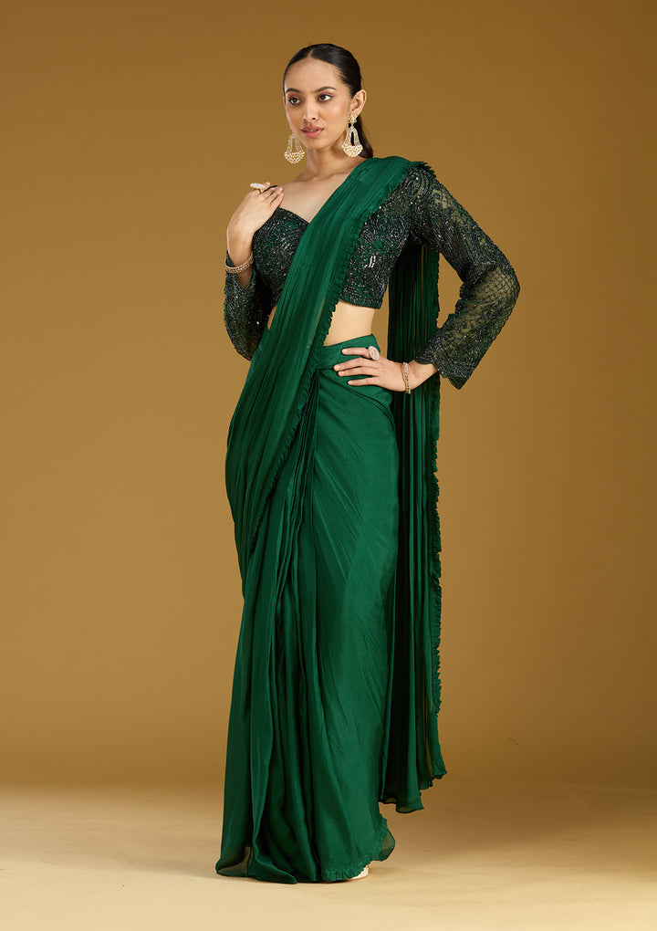 Green Cutdana Satin Readymade Saree