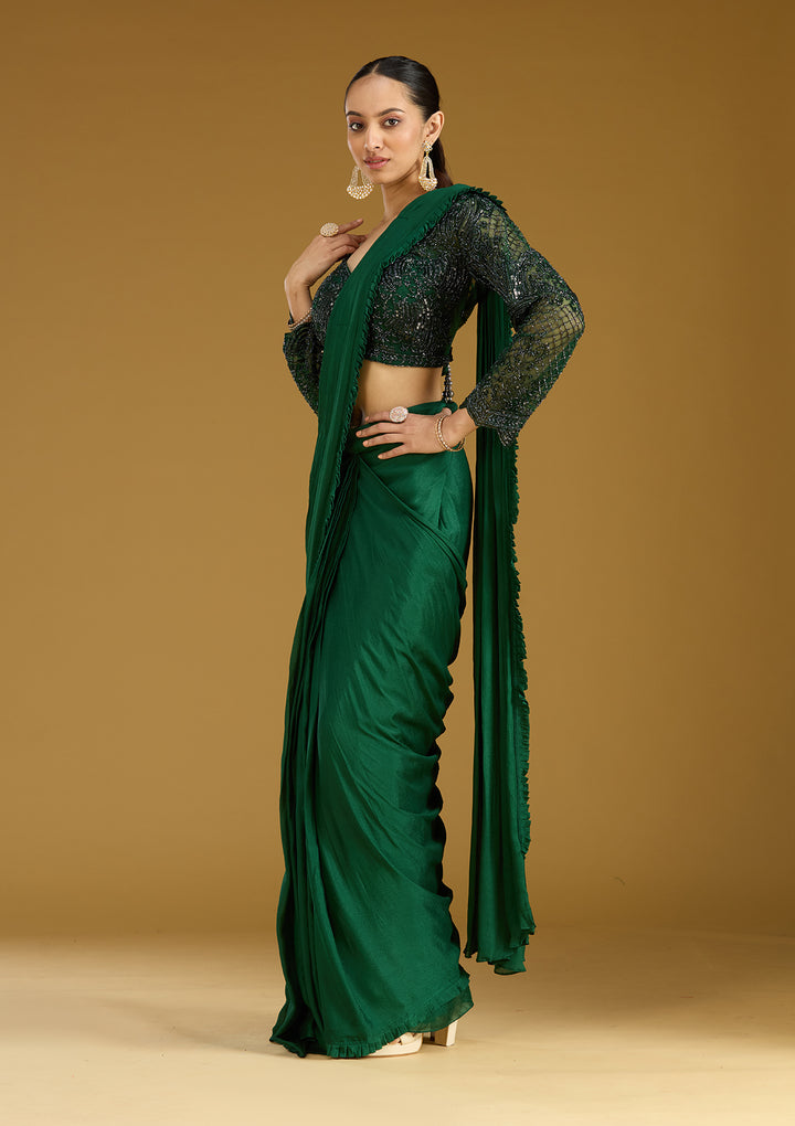 Green Cutdana Satin Readymade Saree