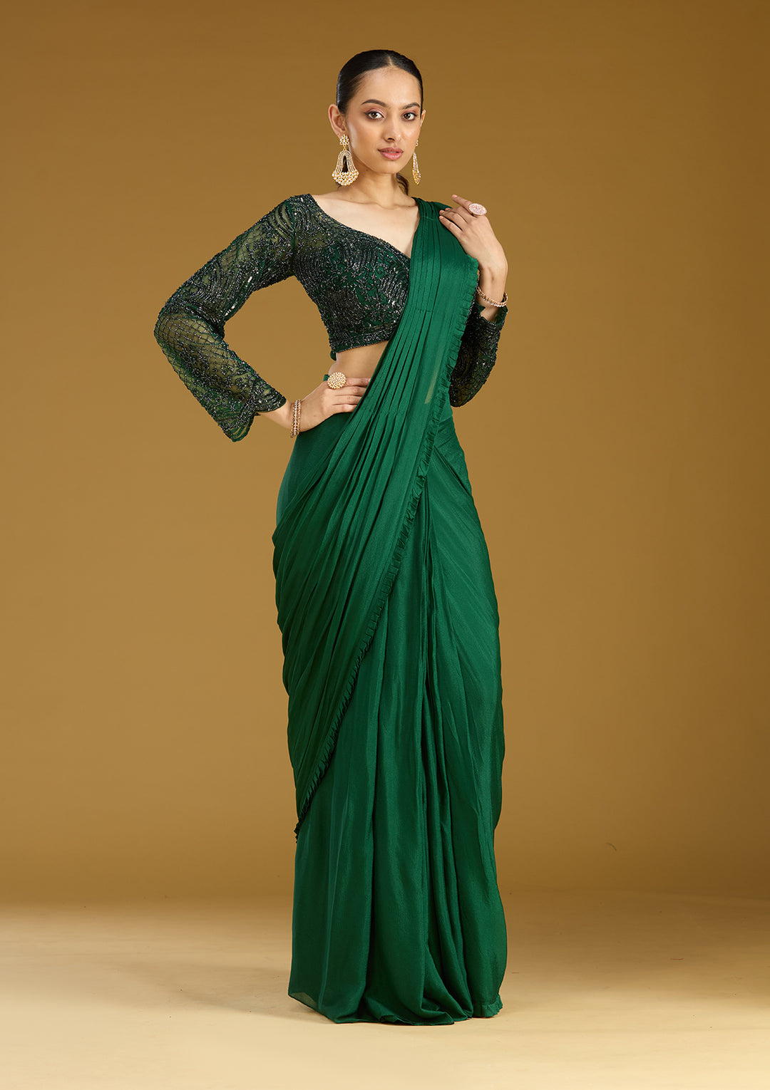 Green Cutdana Satin Readymade Saree