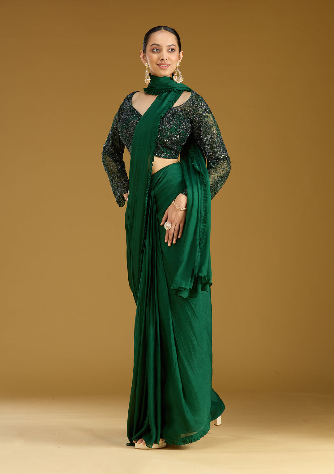 Green Cutdana Satin Readymade Saree