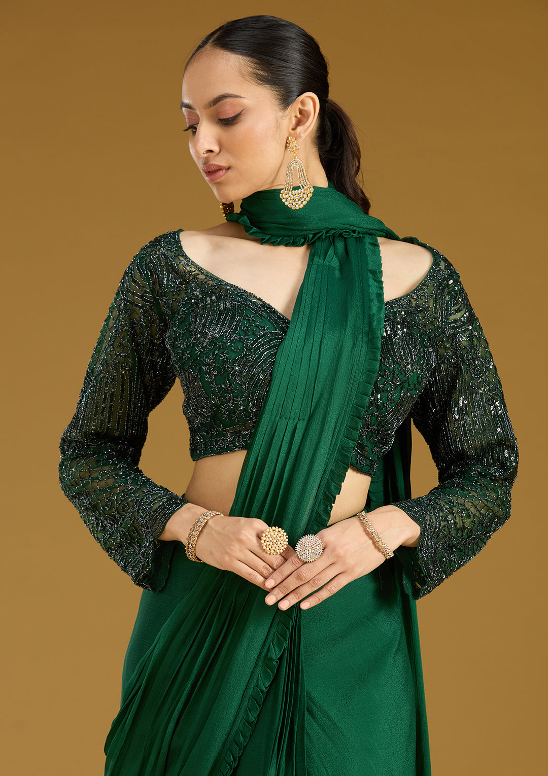 Green Cutdana Satin Readymade Saree