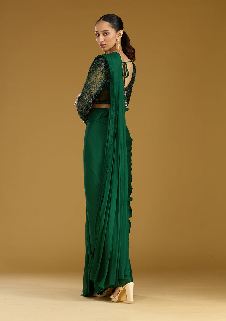 Green Cutdana Satin Readymade Saree
