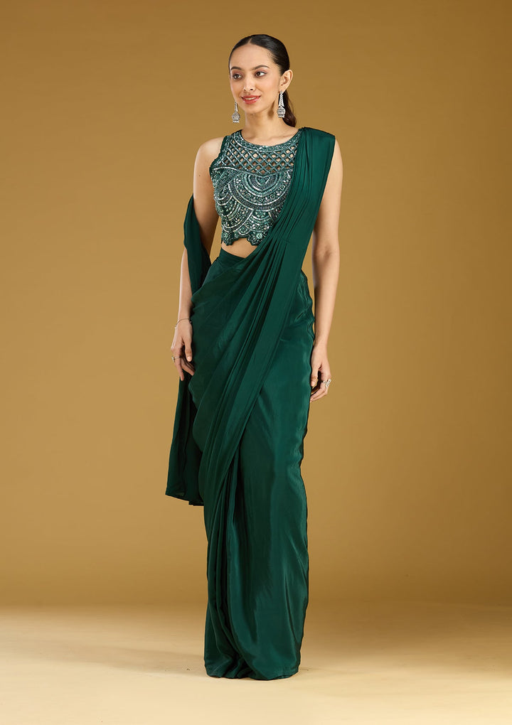 Teal Green Crepe  Cutdana Saree With Matching Blouse Piece