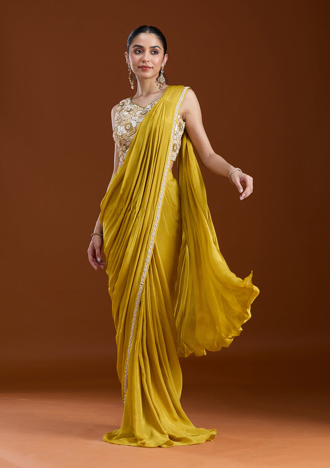 Yellow Cutdana Chinon Readymade Saree