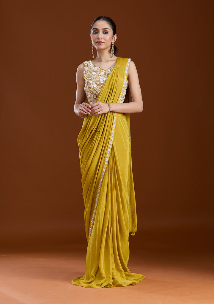 Yellow Cutdana Chinon Readymade Saree