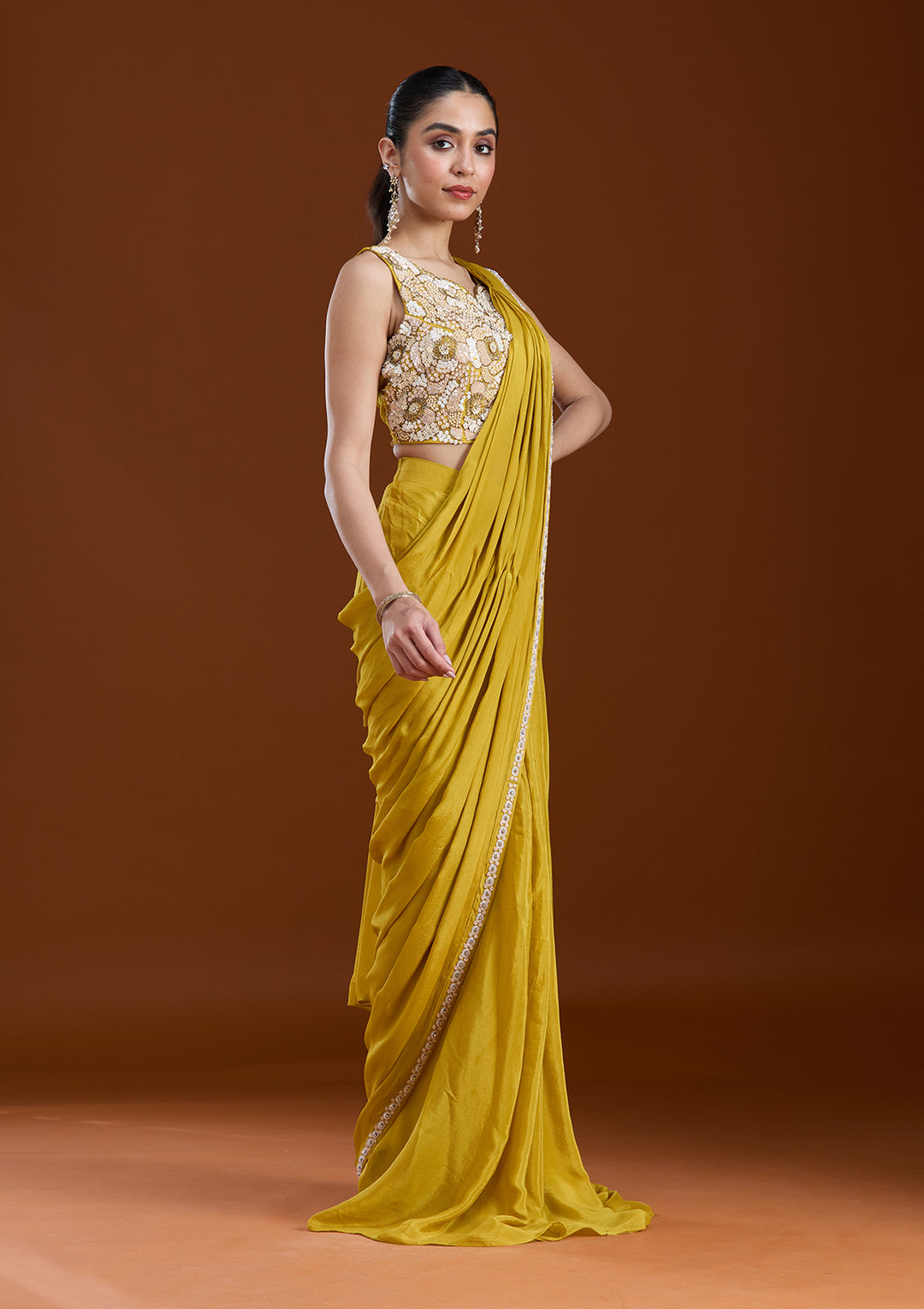 Yellow Cutdana Chinon Readymade Saree