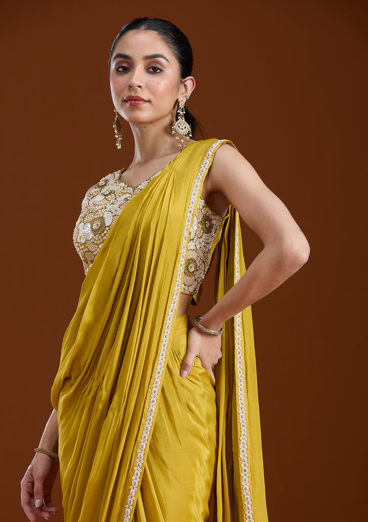 Yellow Cutdana Chinon Readymade Saree