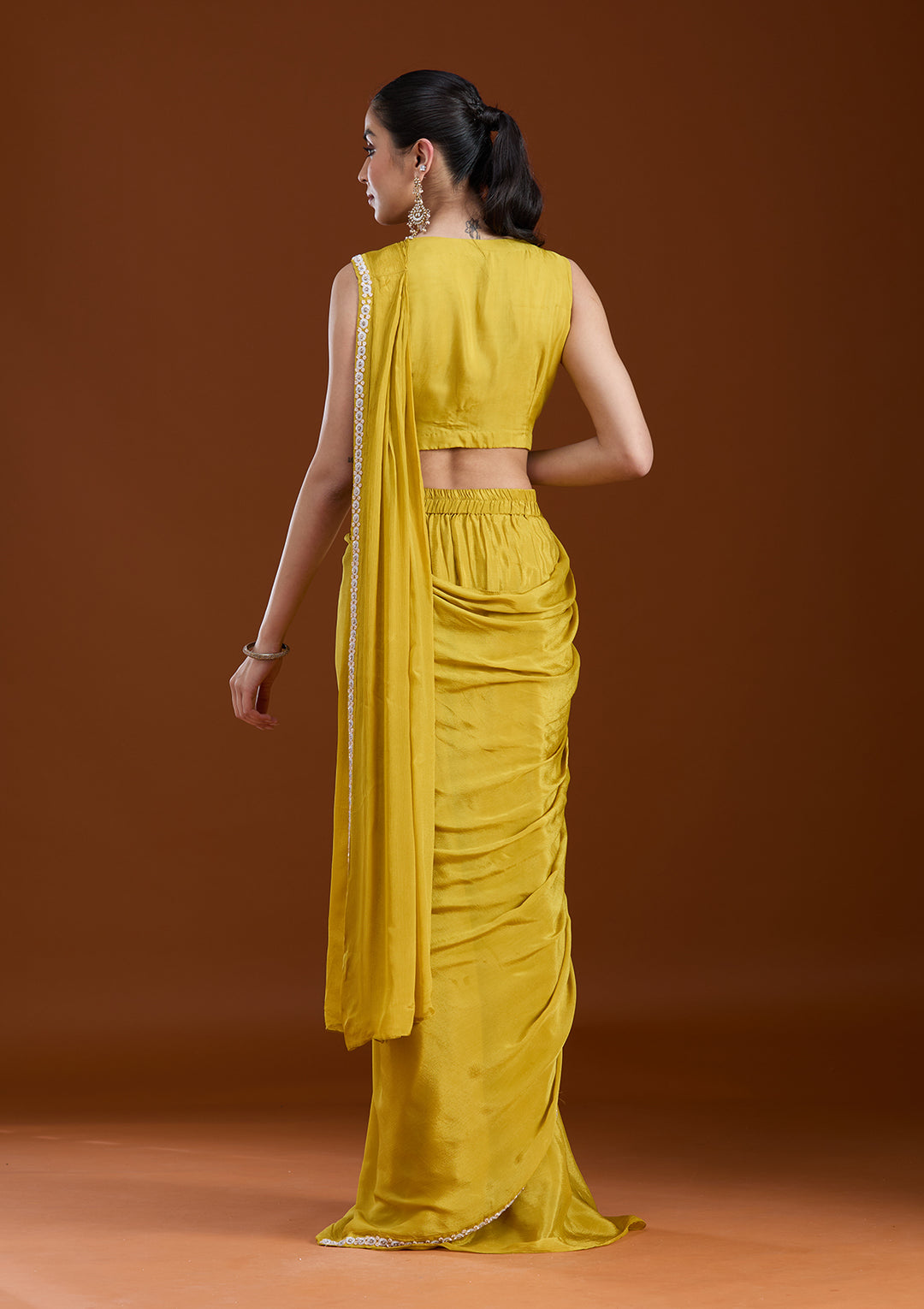 Yellow Cutdana Chinon Readymade Saree