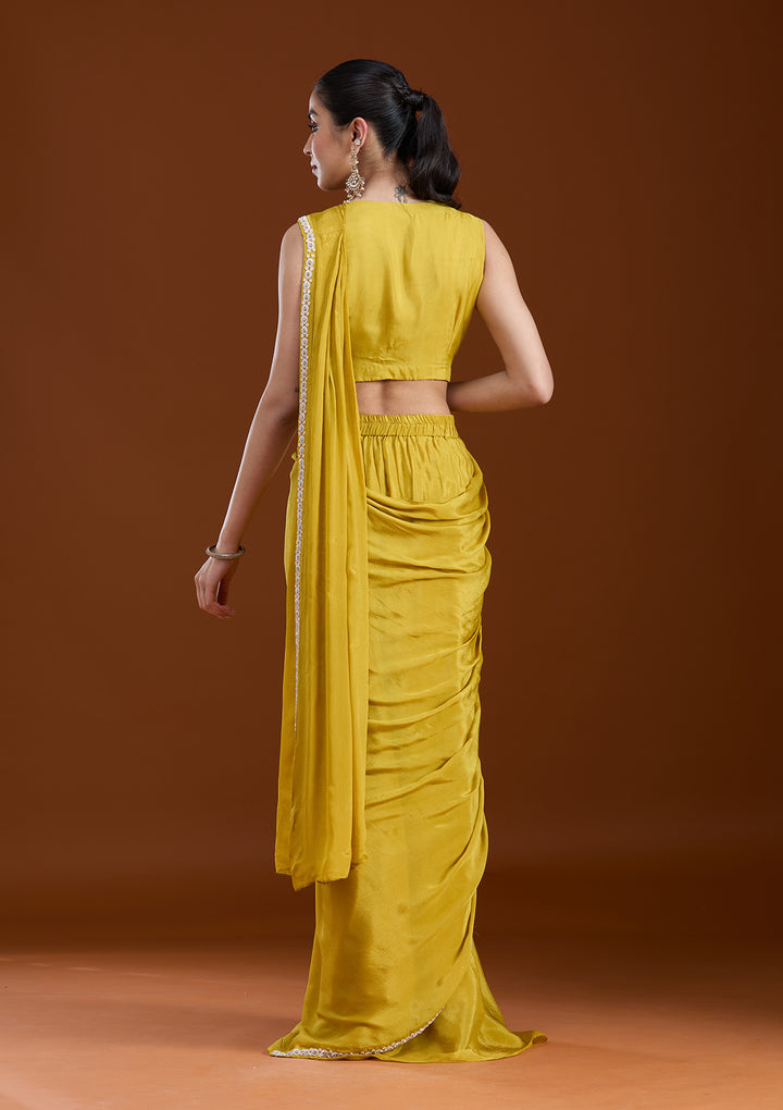 Yellow Cutdana Chinon Readymade Saree
