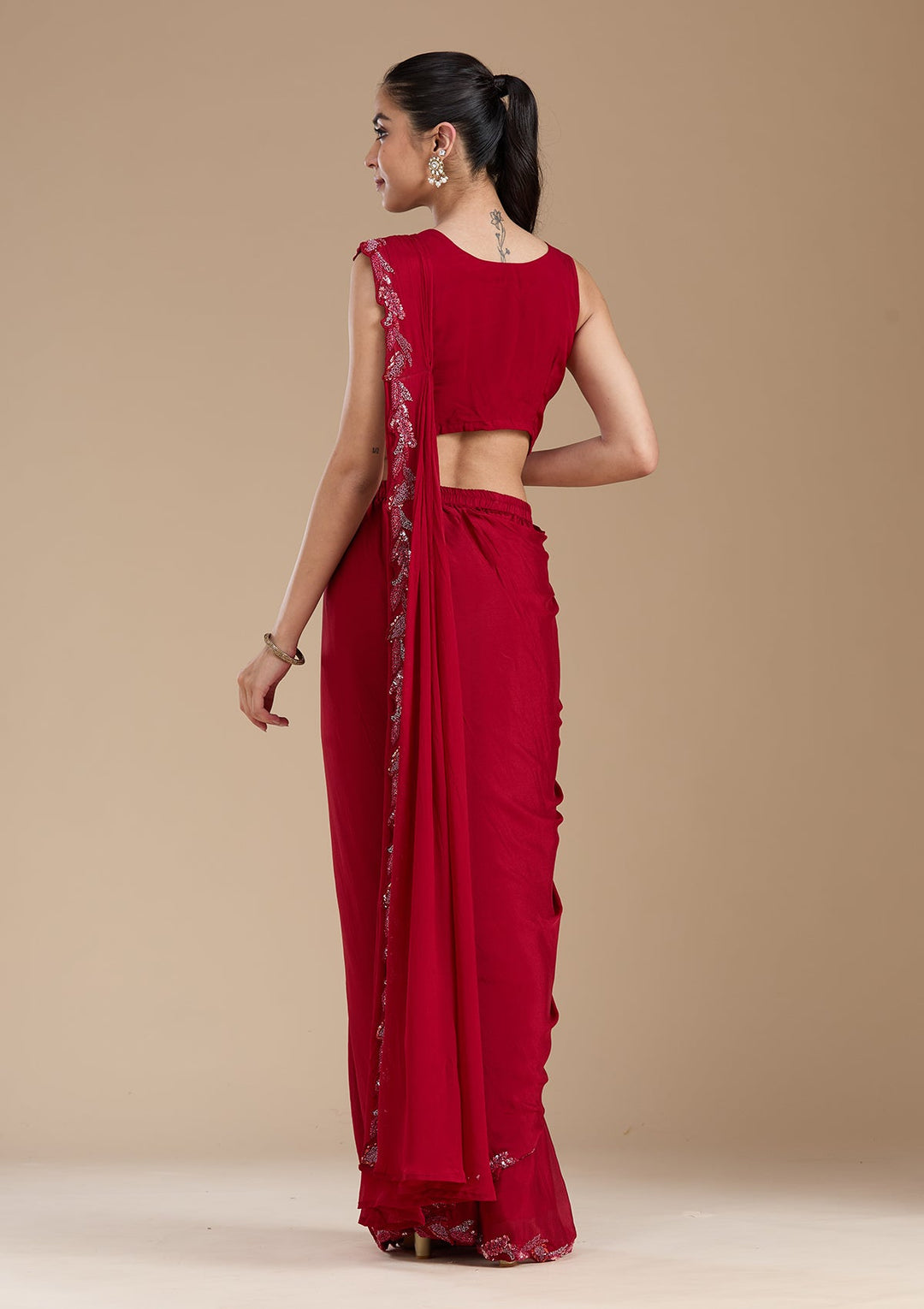 Maroon Sequins Satin Saree