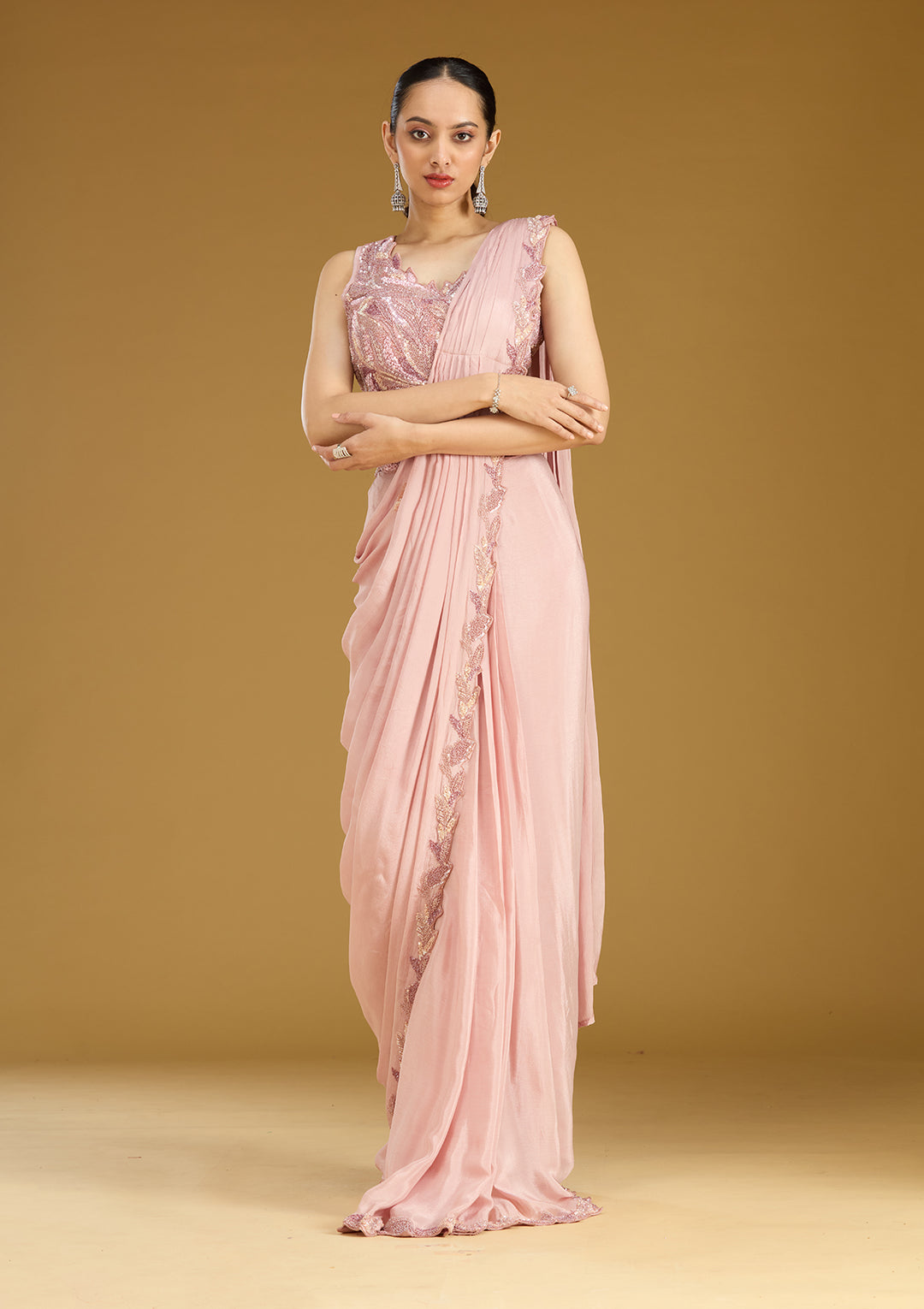 Onion Pink Sequins Satin Saree