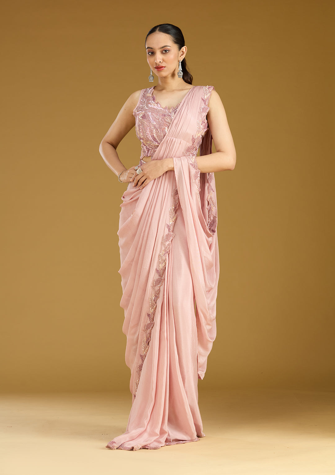 Onion Pink Sequins Satin Saree