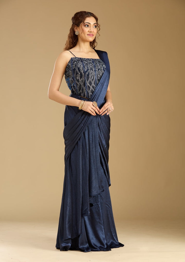 Navy Blue Chinon  Cutdana Saree With Matching Blouse Piece