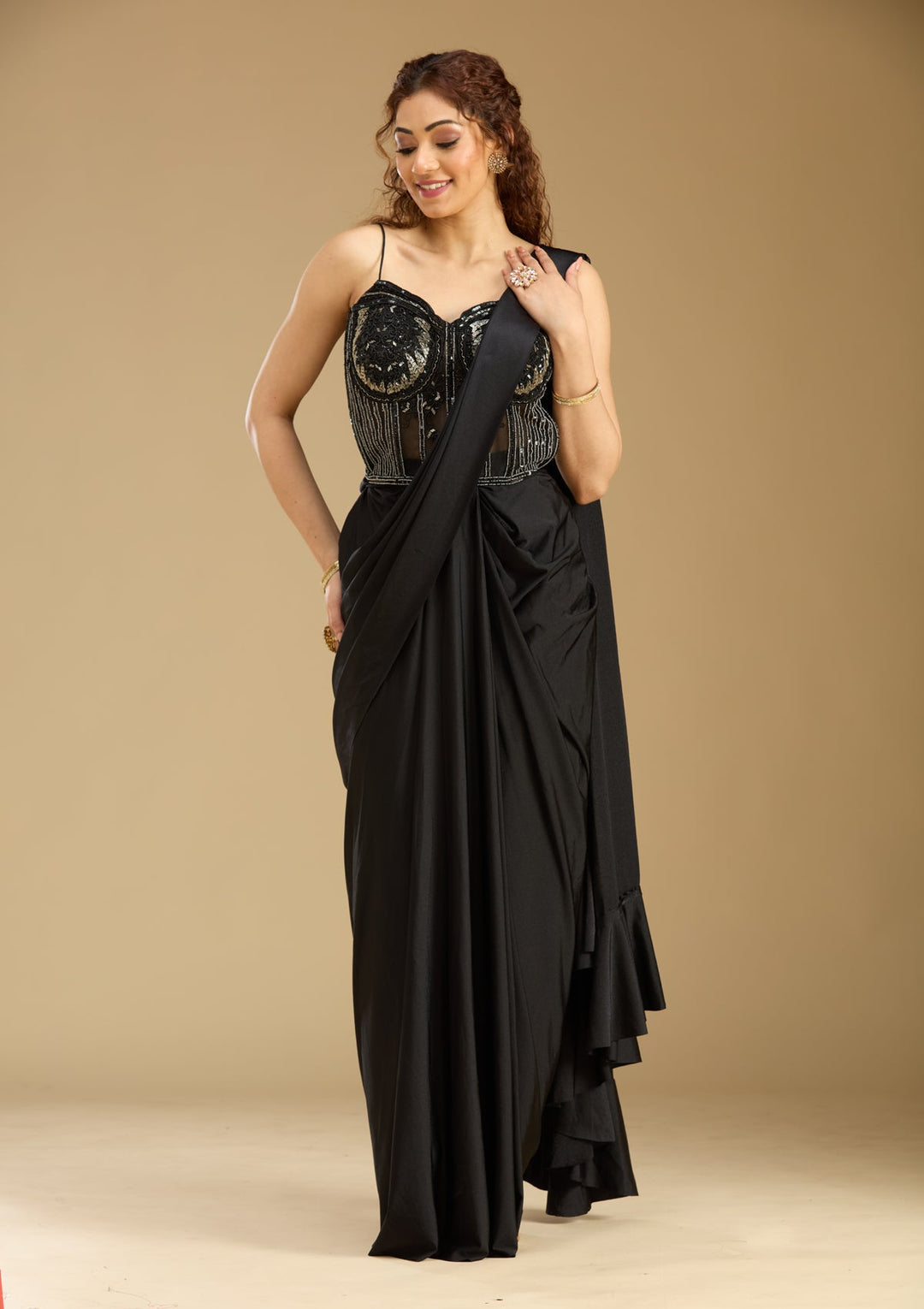 Black Satin  Sequins Saree With Matching Blouse Piece