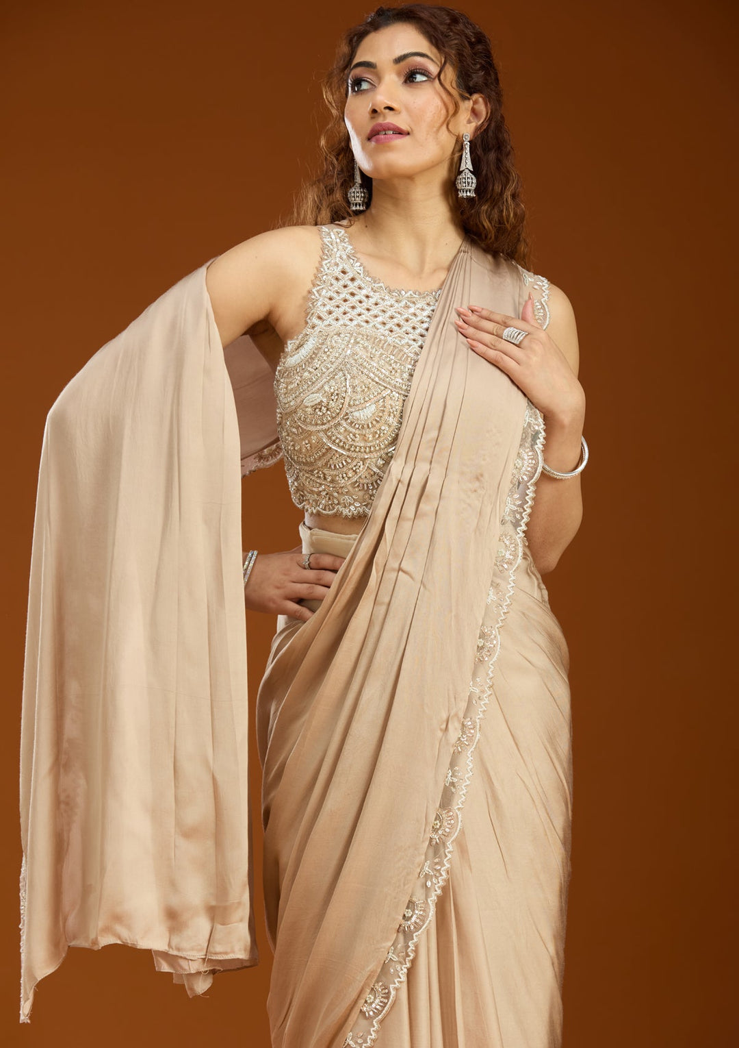Beige Satin  Cutdana Saree With Matching Blouse Piece