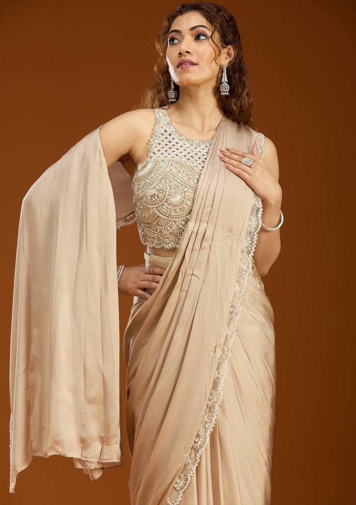 Beige Satin  Cutdana Saree With Matching Blouse Piece