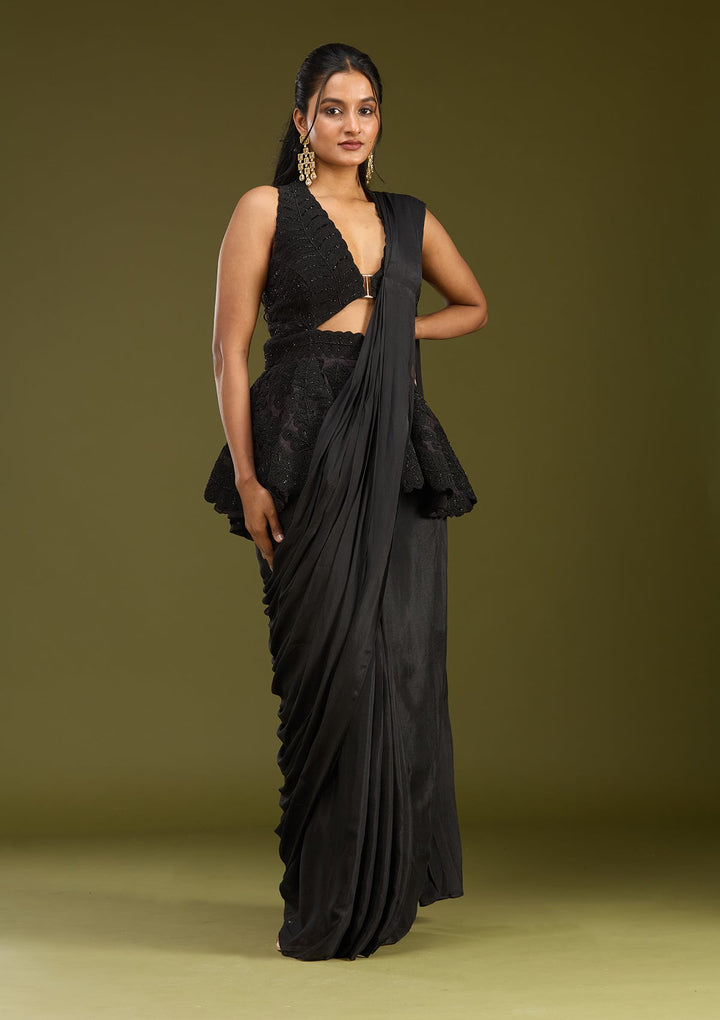 Black Threadwork Satin Saree