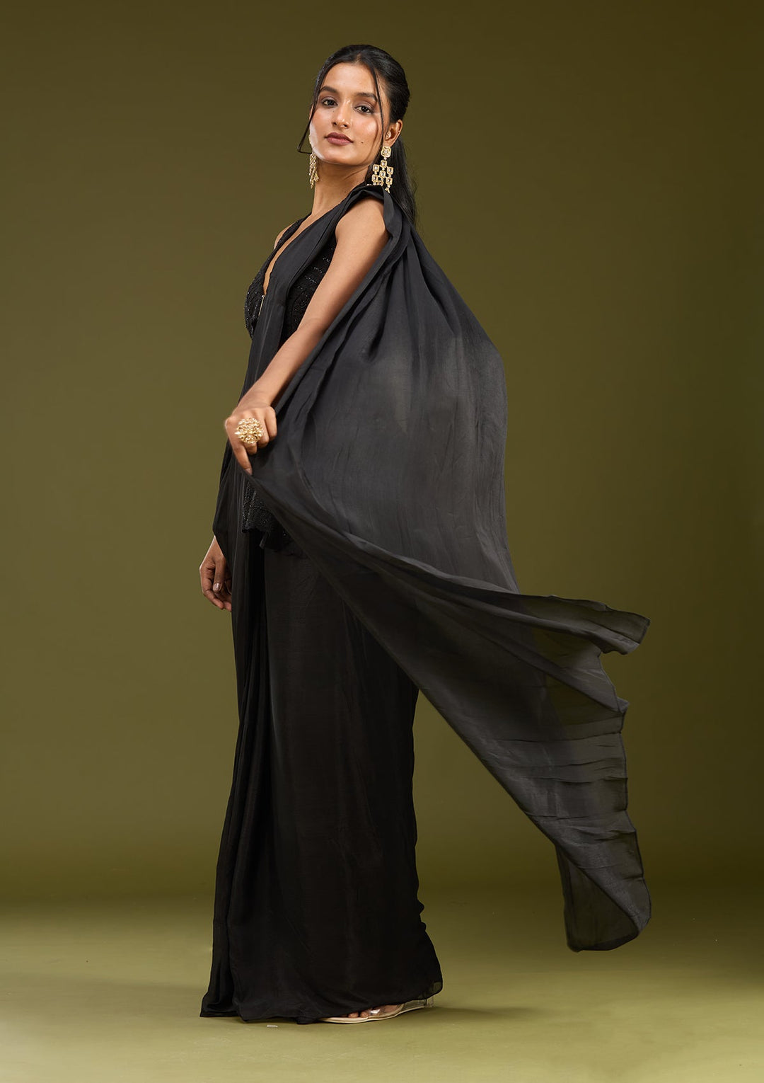 Black Threadwork Satin Saree