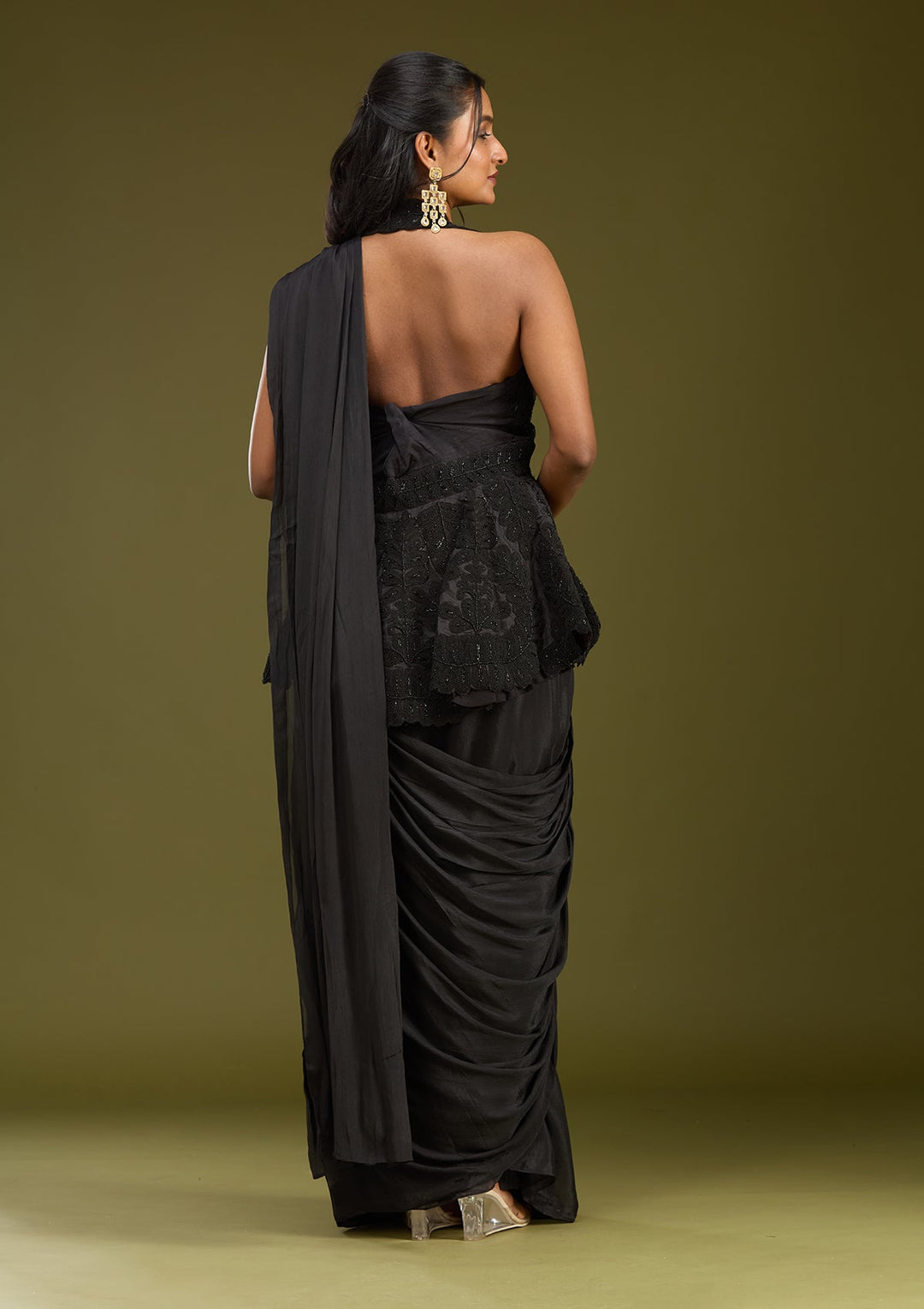 Black Threadwork Satin Saree