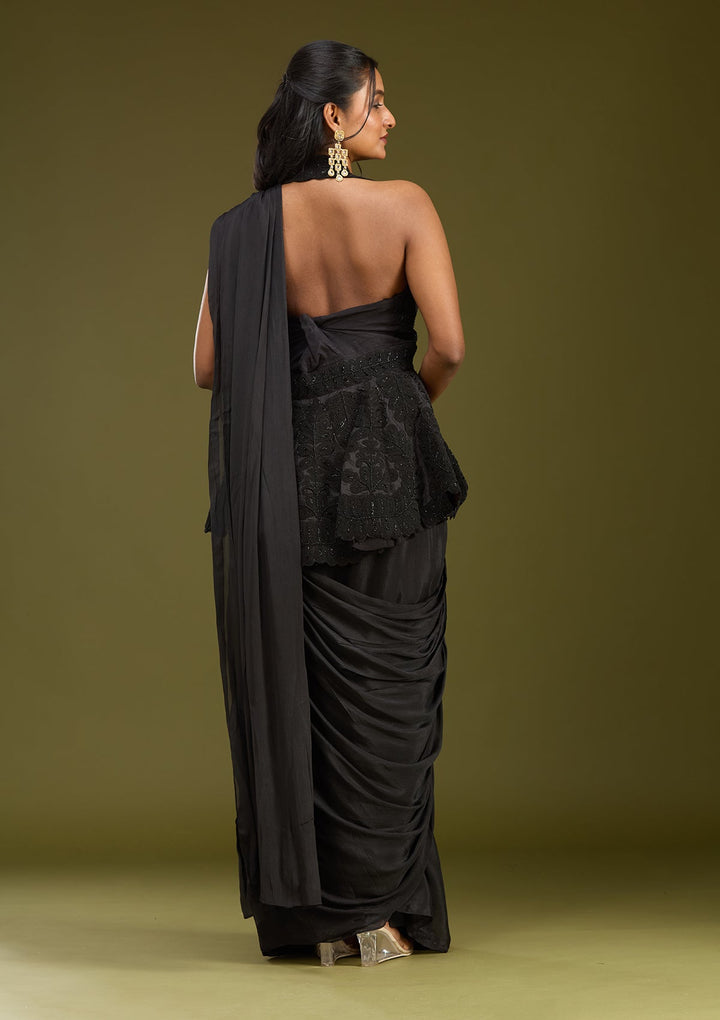 Black Threadwork Satin Saree