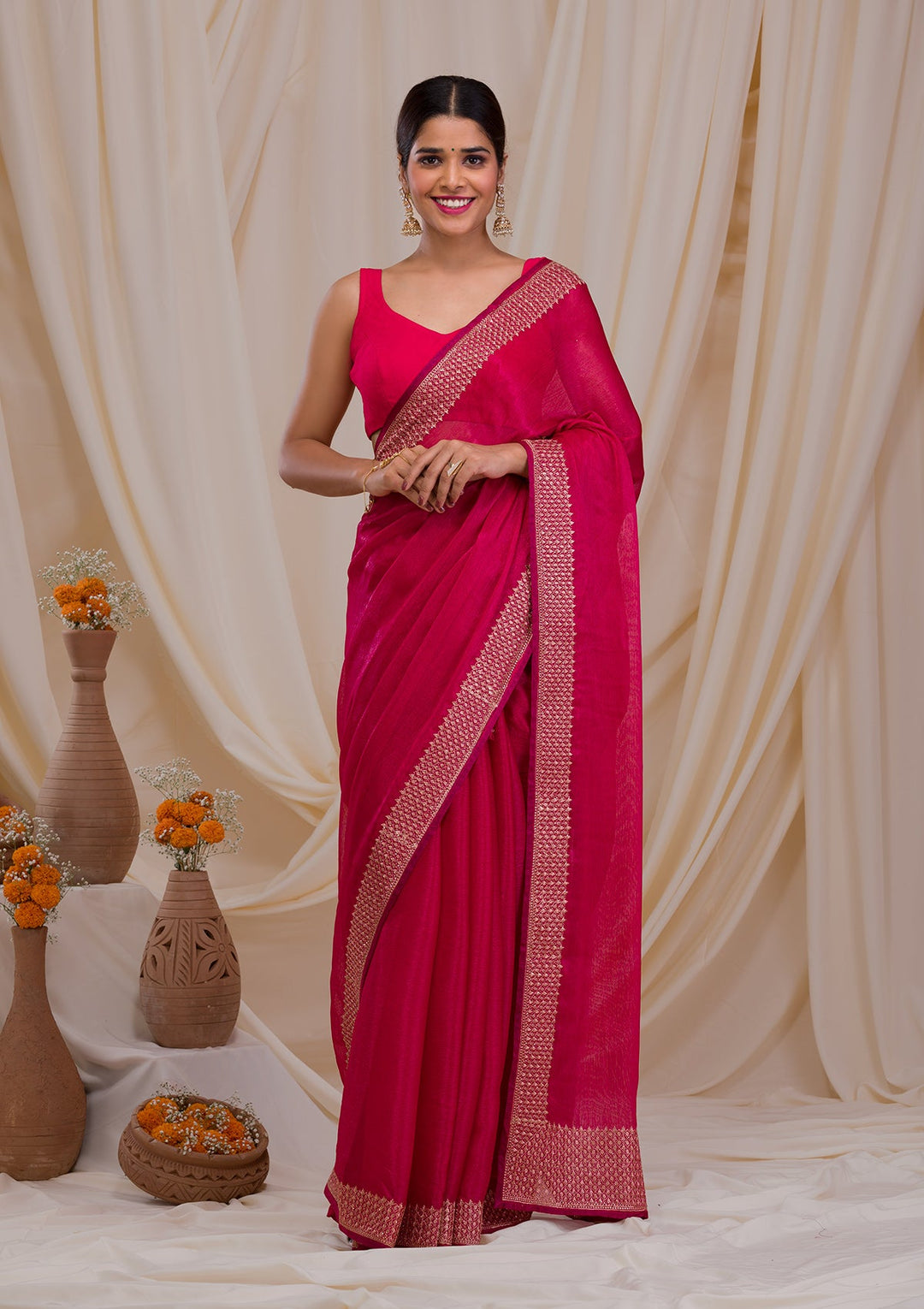 Rani Pink Zardosi Semi Crepe Saree-Koskii