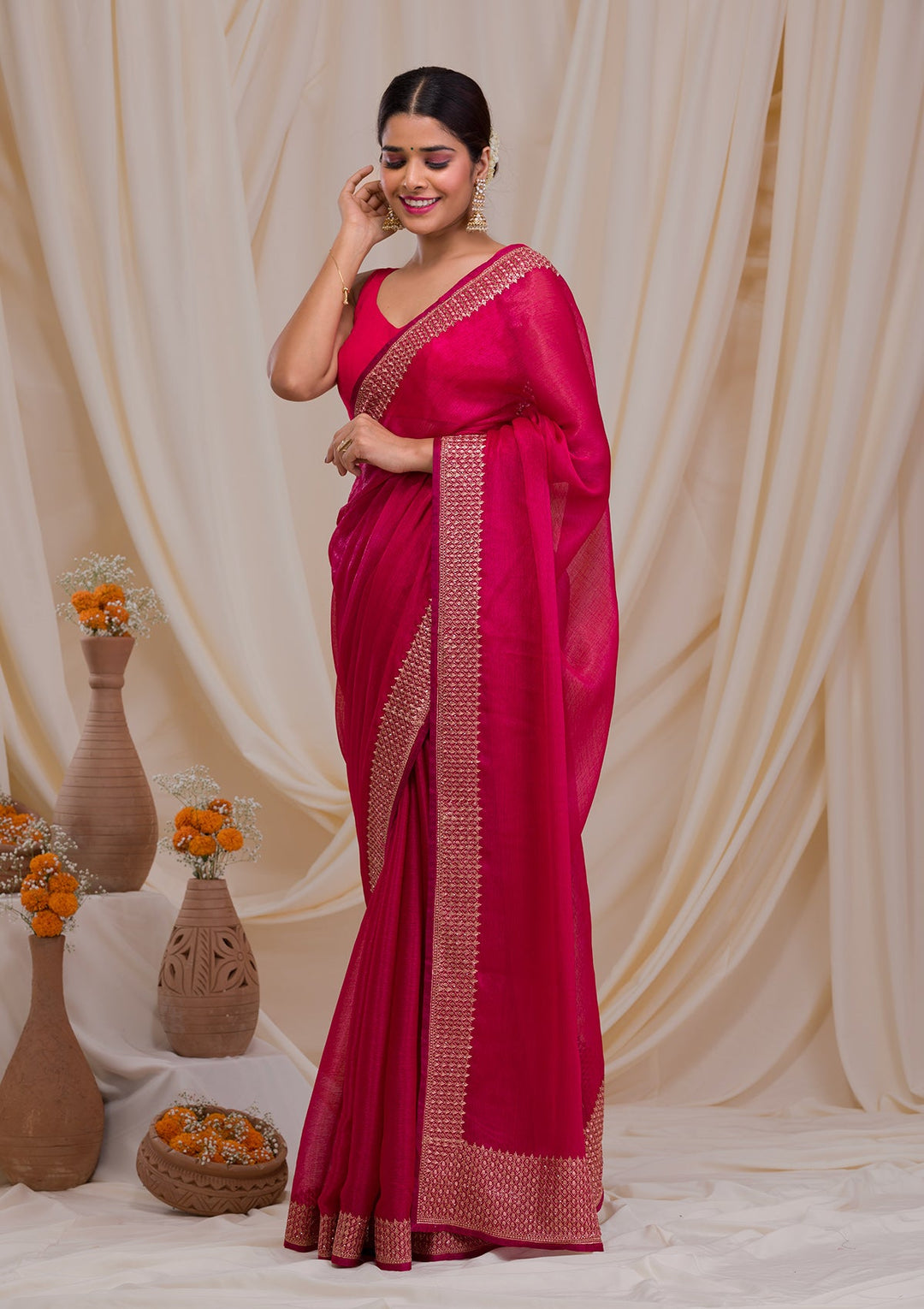 Rani Pink Zardosi Semi Crepe Saree-Koskii