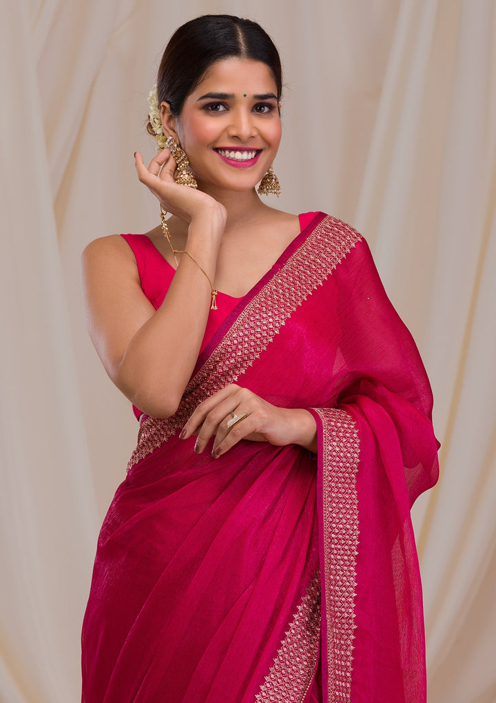 Rani Pink Zardosi Semi Crepe Saree-Koskii