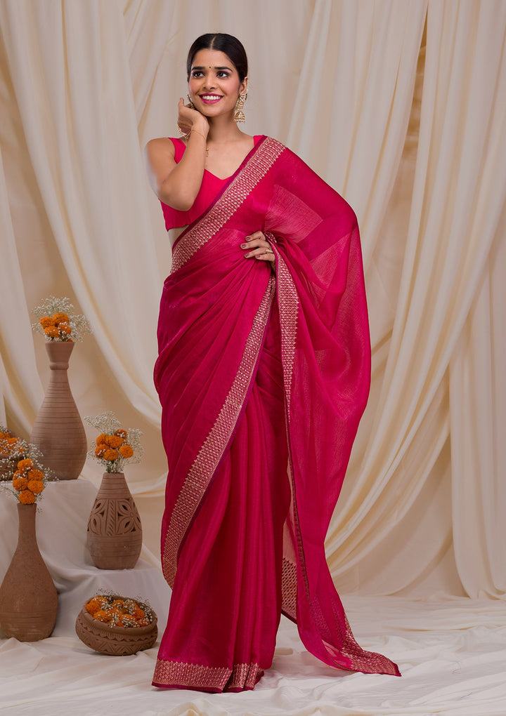 Rani Pink Zardosi Semi Crepe Saree-Koskii